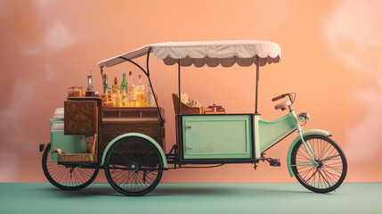 Rickshaw Style Bicycle Food Cart on pastel background generative AI illustration