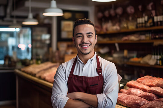 A butcher preparing fresh cuts of meat at a counter - Powered by Adobe