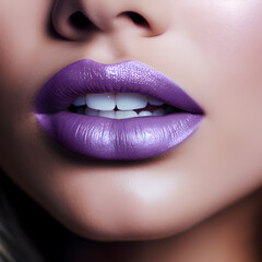Close up of a woman's lips with purple lipstick 