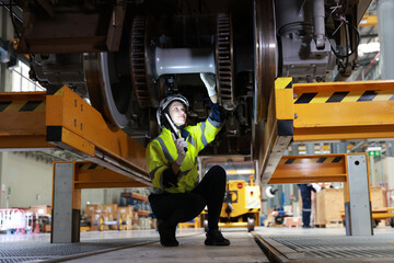 Female Rail engineer doing repair and maintenance of the power train of the electric trains in...