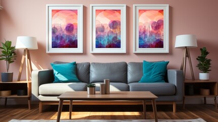 A beautiful interior living space with art work. Generative AI. 