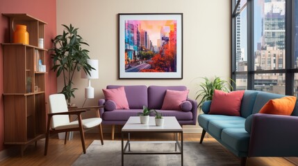 A beautiful interior living space with art work. Generative AI. 
