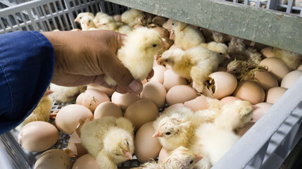 Hatching eggs in modern  incubator hatchering  machine, A newborn chicken is knocked out of an eggs...