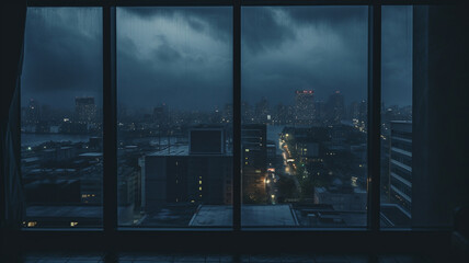 A dark cloudy view looking out from inside a high-rise apartment building