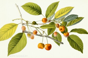 Yellow cherries and cherry tree leaves on a white background. Old watercolor illustration from Giorgio Gallesio's botanical publication in 1817, 1839 Pisa, Italy. Generative AI - obrazy, fototapety, plakaty