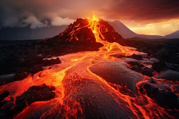 lava flowing from volcano, natural landscape, mountain. Generative AI