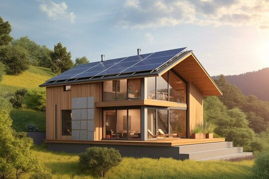 Sustainable home with solar and wind power, promoting eco-friendly living. Generative AI