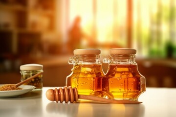 Fresh honey bottles with dipper on indoor background. Generative AI - obrazy, fototapety, plakaty