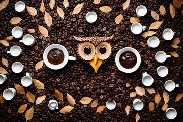 Owl face made of coffee cups and leave - Powered by Adobe