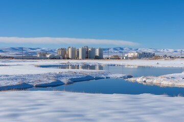 Snow-covered power plant and sewage treatment ponds in Utah with buildings, towers, and storage for water and natural gas. Generative AI - obrazy, fototapety, plakaty