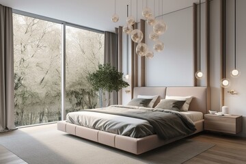 Modern bedroom with elegant decor and a spacious window. Generative AI