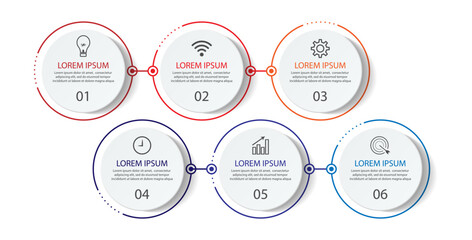 six step infographic design, simple design, lines, colors, icons, 6 parts, suitable for your business presentation