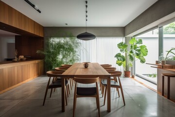 Open dining area with wooden furniture. Generative AI