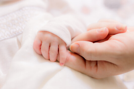 Sweet baby has her hands curled with her mother's adult hands. A closeup photo.