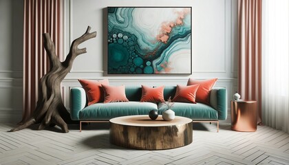 Teal Slab Lounge with Mesmerizing Abstract Decor