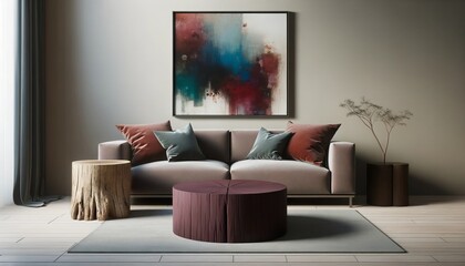 Burgundy Slab Seating with Vibrant Abstract Art