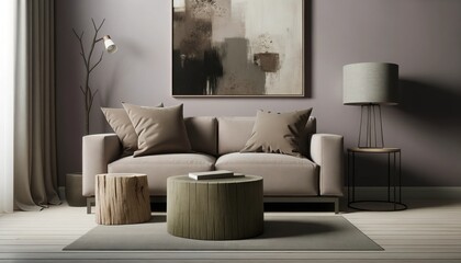 Olive Wood Seating with Lavender Wall and Captivating Art