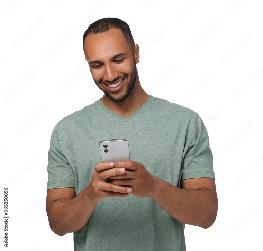 Poster happy man sending message via smartphone on white background