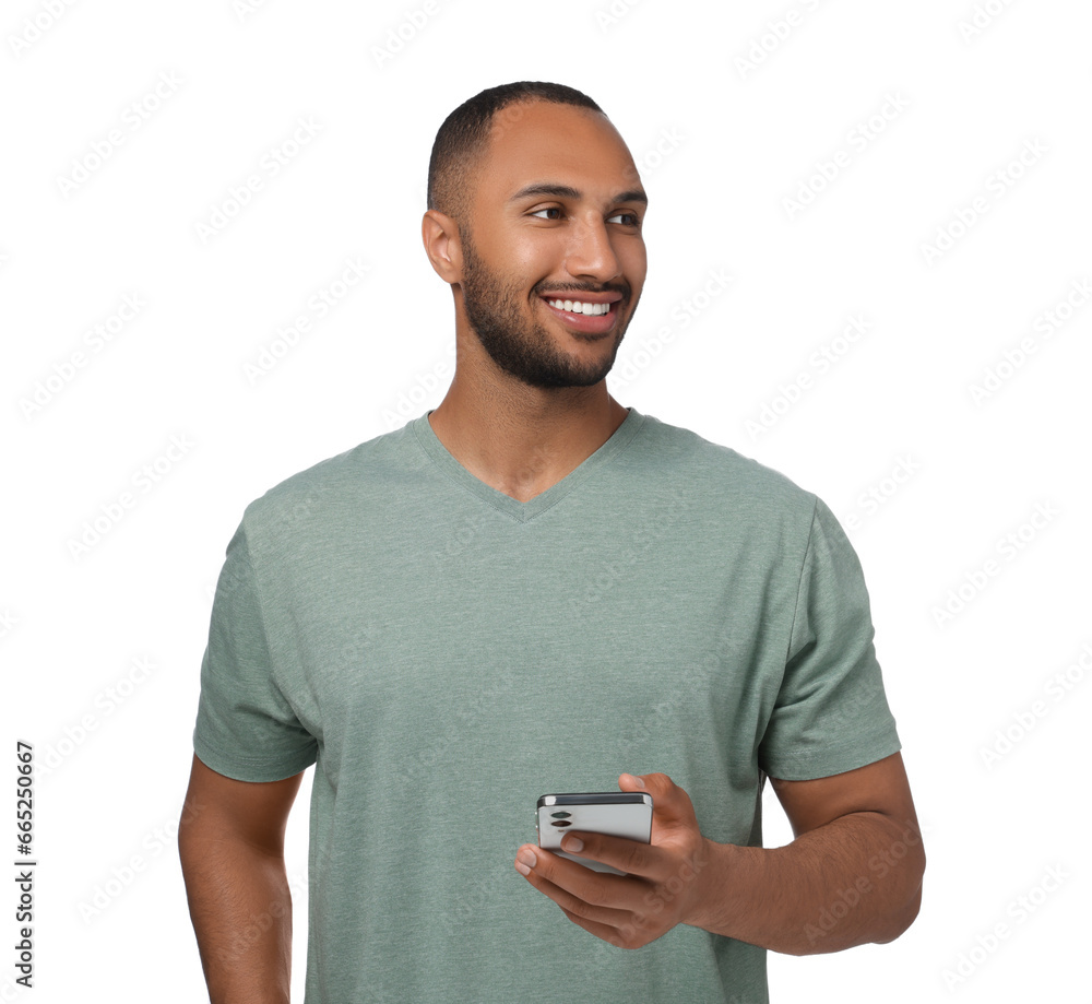Poster happy man sending message via smartphone on white background