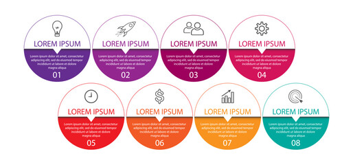 eight step infographic design, simple infographic design, lines, colors, icons, interconnected, suitable for your business presentation