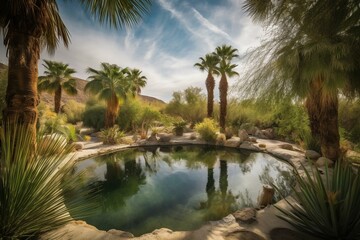 Fototapeta na wymiar Serenene desert retreat surrounded by tropical palm trees and a serene pond. Generative AI
