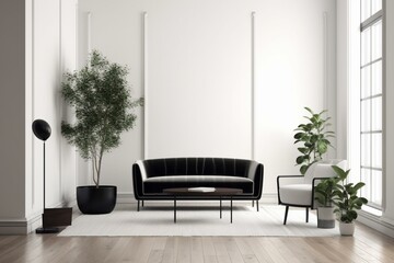 Sleek contemporary room with minimalist decor featuring a chair, sofa, and plant set against a white backdrop. Generative AI