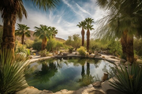 Serenene desert retreat surrounded by tropical palm trees and a serene pond. Generative AI © Fraint