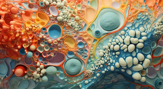 bright and colorful microcosm of microbes, fungi, bacteria