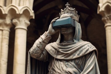 Fototapeta premium medieval statue wearing a virtual reality helmet. blend of past and future