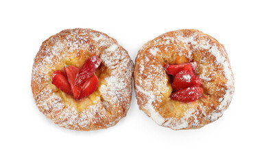 Danish pastries with strawberries isolated on white, top view