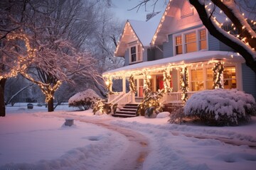 snow-covered house decorated with festive decor and garlands for Christmas - obrazy, fototapety, plakaty