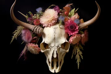 Fotobehang Boho Floral-wrapped deer skull. Generative AI