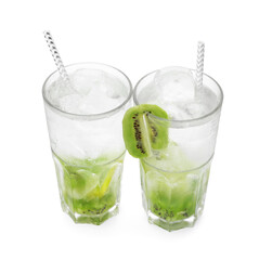 Glasses of refreshing drink with kiwi isolated on white