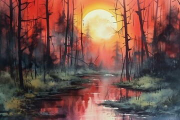 Watercolor painting depicting a picturesque sunset forest scene. Generative AI