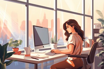 illustration of a young woman working in an office at a computer