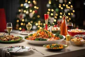 Christmas dinner on the table against the background of the Christmas tree