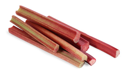 Stalks of fresh ripe rhubarb isolated on white