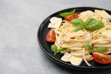 Delicious pasta with brie cheese, tomatoes and basil leaves on grey table, closeup. Space for text