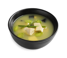 Bowl of delicious miso soup with tofu isolated on white