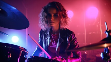 Rock and roll girl playing hard rock music with drums set. - obrazy, fototapety, plakaty