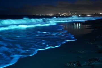 Vivid luminescent waves illuminating the nighttime beach. Generative AI