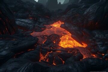 A fiery cavern with molten rock and a distant peak. Generative AI
