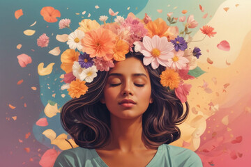 Illustration of a woman with her head covered in flowers. Mental health, psychological treatment concept, meditation and mindfulness. Psychology theme, think positive, have good thoughts in mind.