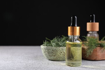 Bottles of essential oil and fresh dill on light grey table, space for text