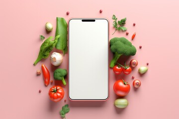 Smartphone with blank screen and fresh groceries. online grocery shopping app