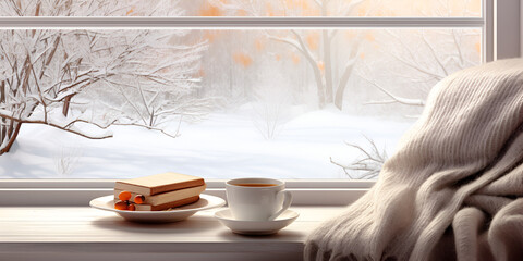 Savoring the Comforting Winter Season: A Cup of Tea against a Blanket of White Ice Background ai generated