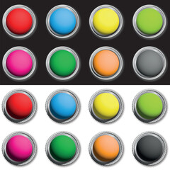 Vector variation of silver colorful buttons. Illustration of blank buttons with shadows in basic palette colors with round or wavy edges, isolated.
