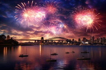 Bright fireworks over the city colorful Fireworks City skyline