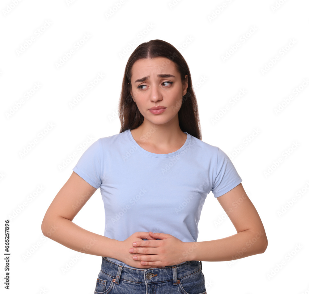 Poster Woman suffering from abdominal pain on white background. Unhealthy stomach