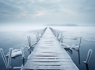 Obraz premium winter landscape of an ice and snow-covered jetty by a lake in the early morning.